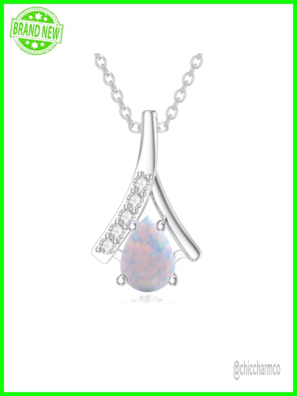 Pear Shaped Lab Diamond Opal Birthstone Pendant Necklace 925 Sterling Silver